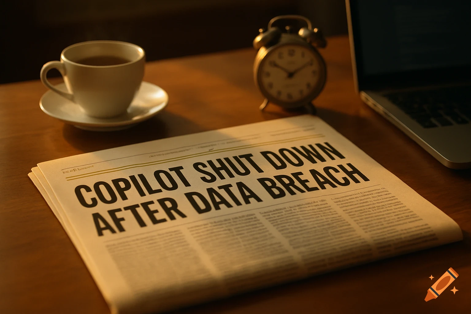 A newspaper with the headline 'COPILOT SHUT DOWN AFTER DATA BREACH' on a wooden desk, next to a coffee cup, alarm clock, and laptop.