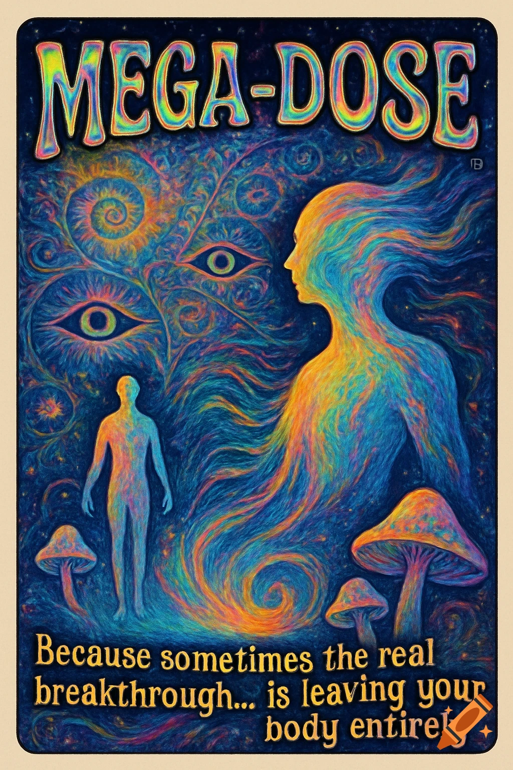A vibrant psychedelic art poster features the text 'MEGA-DOSE' at the top and a slogan at the bottom. The artwork includes colorful swirling patterns, multiple eyes, human silhouettes, and mushrooms.