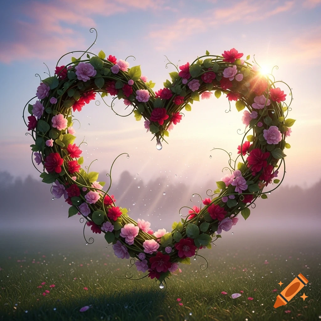 A heart-shaped wreath made of red and pink flowers and green vines in a grassy field at sunset with glistening dew drops.