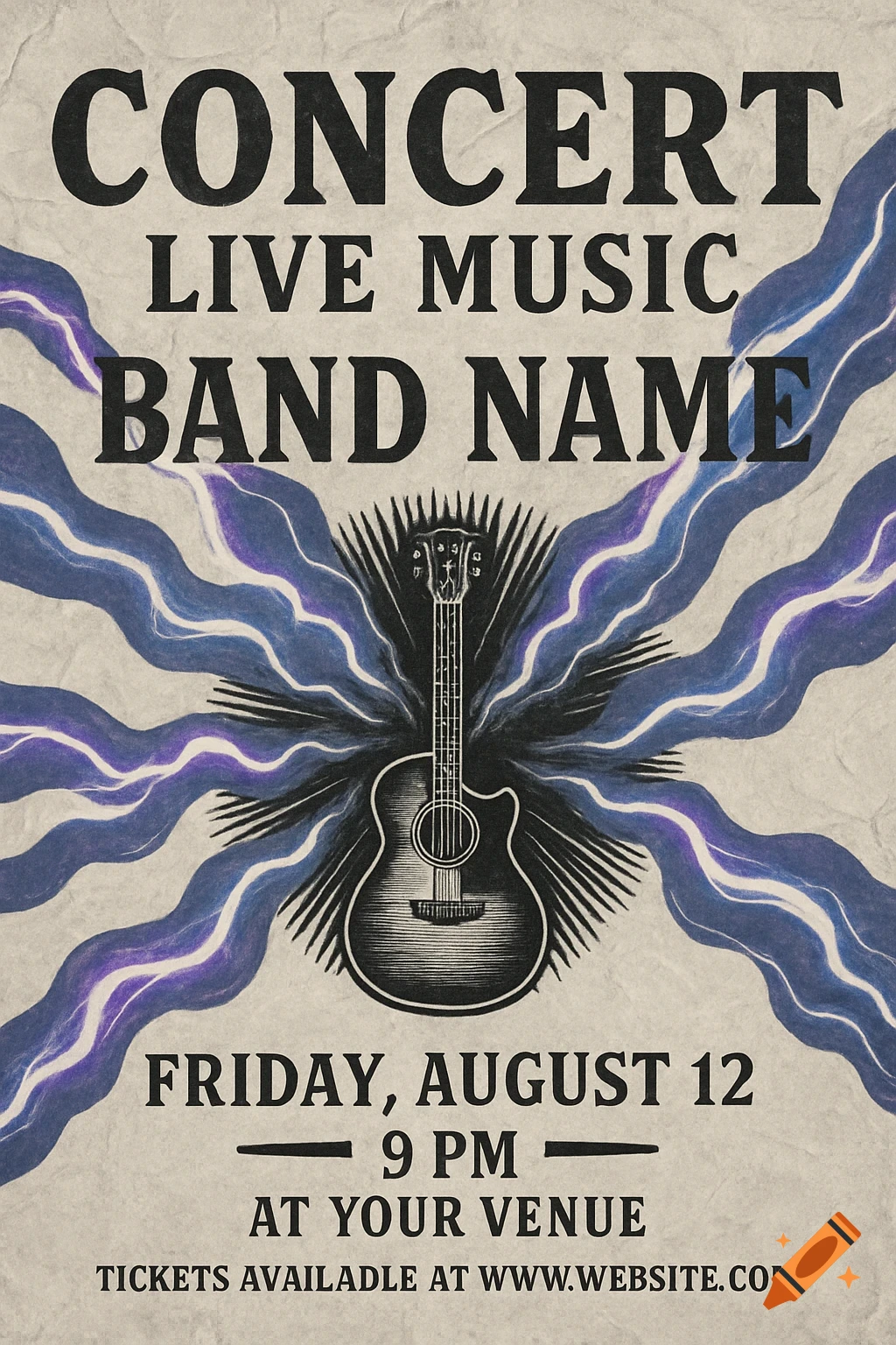 Vintage-style concert flyer with an acoustic guitar surrounded by electric violet and blue waves, on crumpled paper texture.