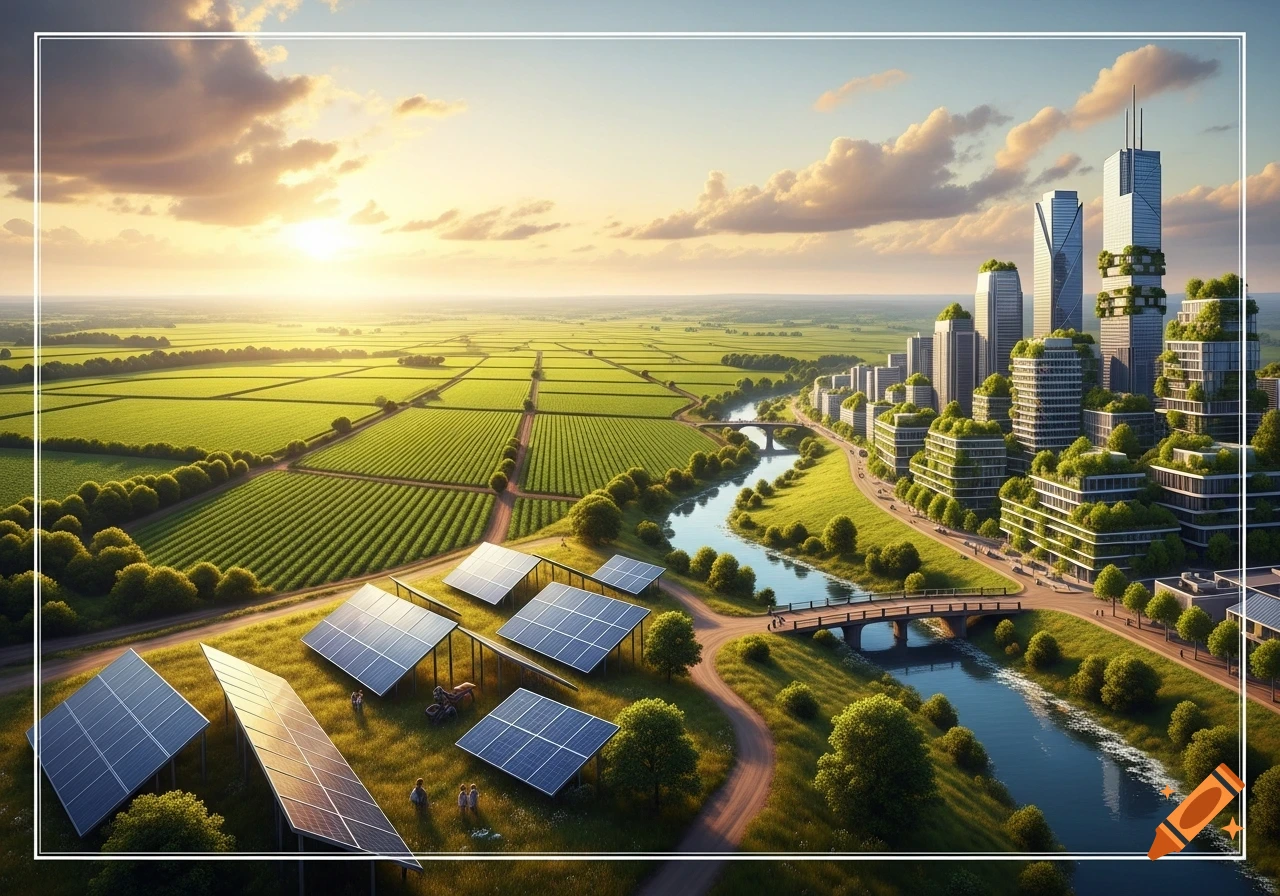 Aerial view of a sustainable city with green buildings, a river, and solar panels next to vast agricultural fields at sunset.