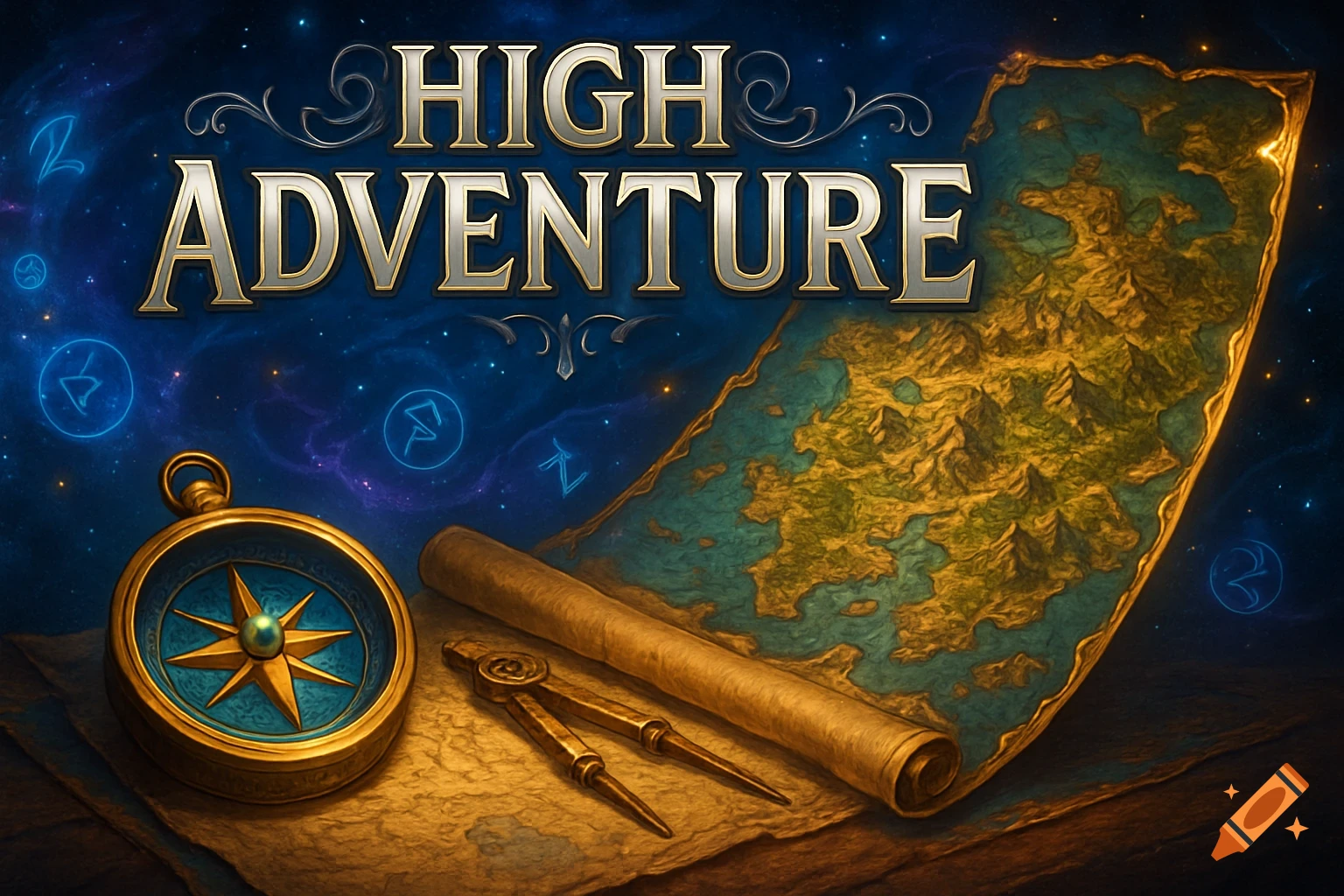 A vibrant fantasy banner with "HIGH ADVENTURE" text, a golden compass, a rolled map, and other tools under a starry sky.