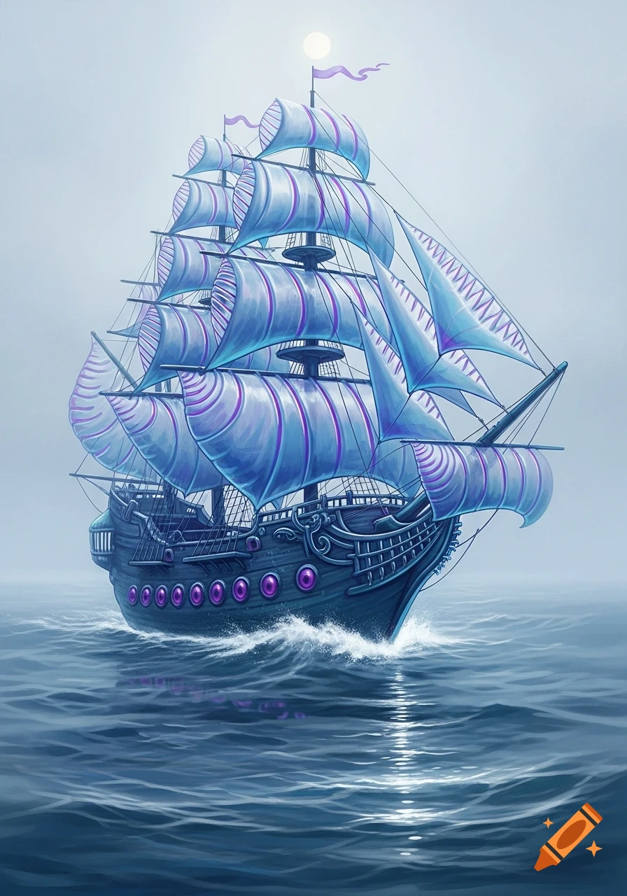 A stylized dark blue and purple pirate ship with many sails sailing on wavy seas under a full moon.