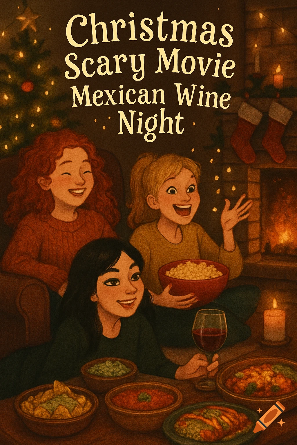 Illustration of three smiling girls enjoying a cozy Christmas scary movie night with Mexican food and wine by a fireplace.