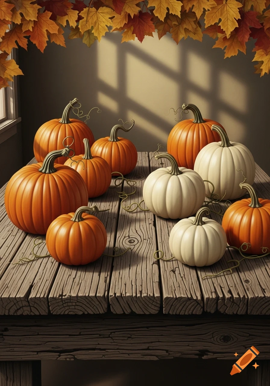 Various orange and white pumpkins rest on a rustic wooden table, adorned with colorful autumn leaves hanging overhead.