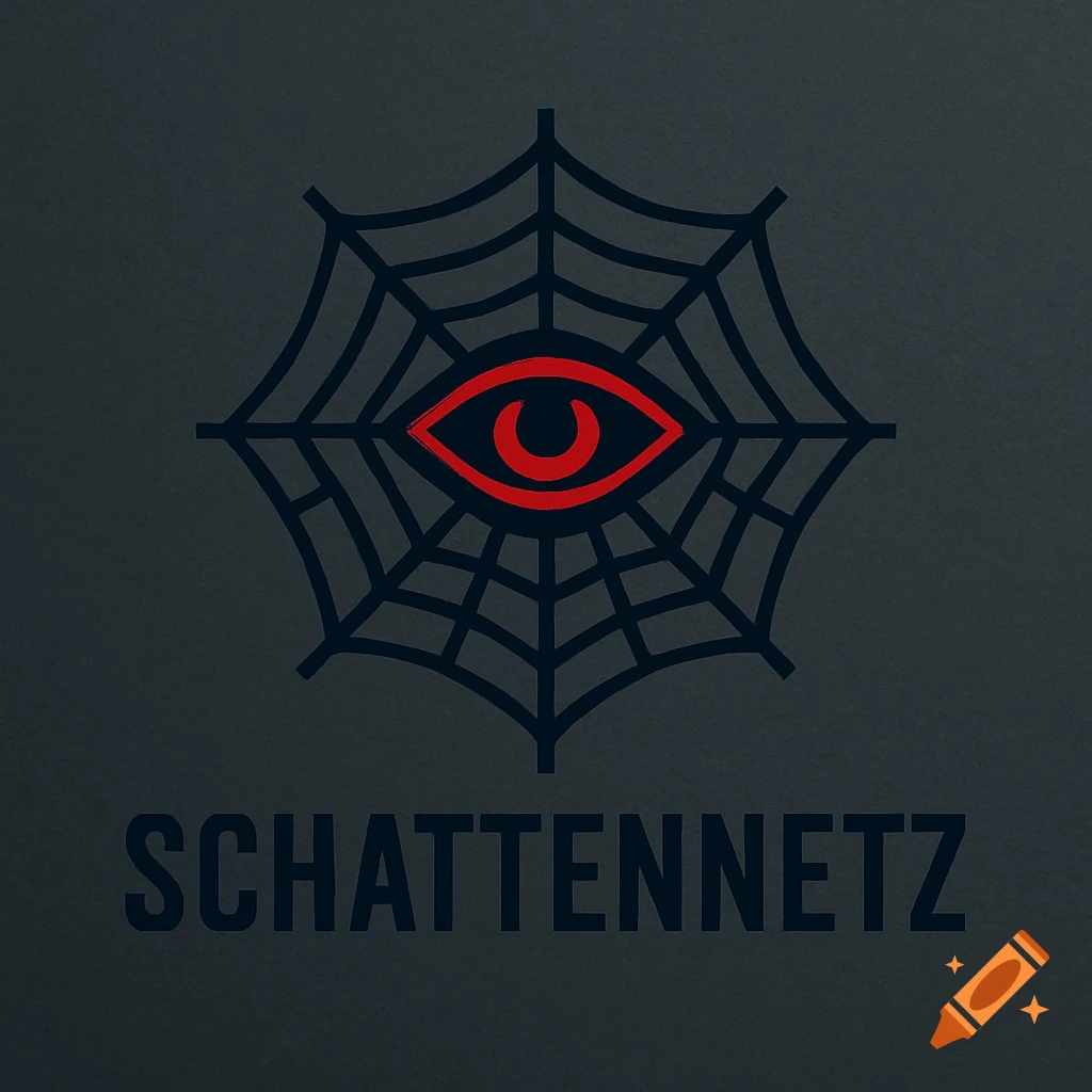 A stylized logo featuring a red eye within a black spiderweb, with the word SCHATTENNETZ in bold below it, on a dark gray background.