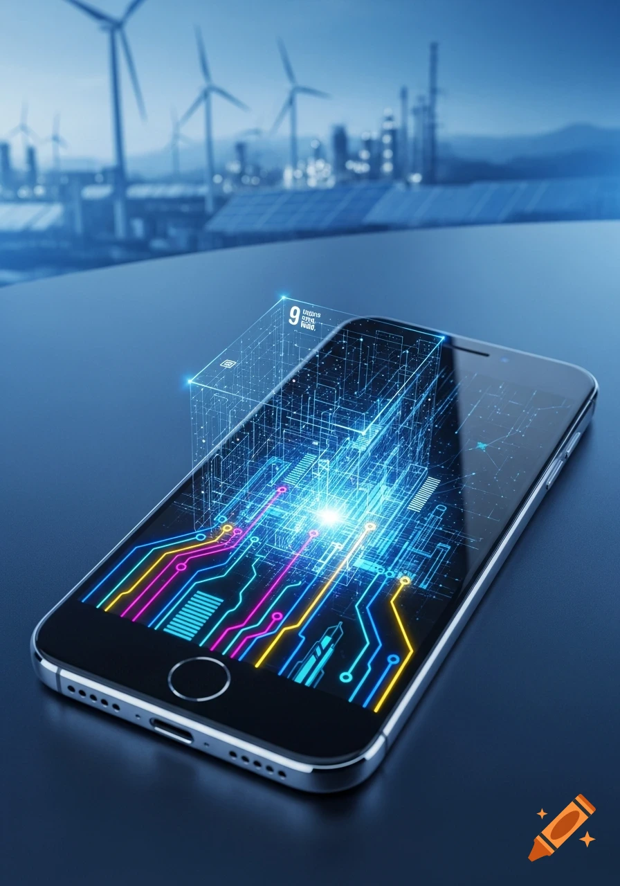 A smartphone displays a vibrant digital circuit and data projection, with wind turbines and solar panels in the blurred blue background.