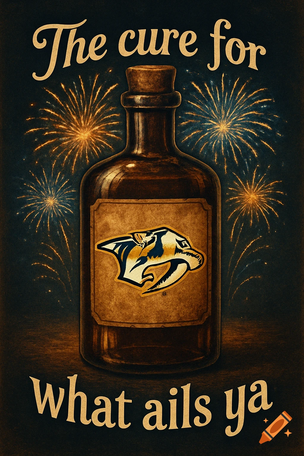 A vintage-style poster showing a dark elixir bottle with the Nashville Predators logo, surrounded by fireworks. Text reads "The cure for what ails ya".