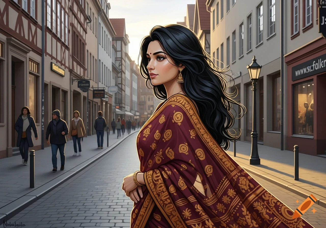 Digital illustration of an Indian woman in a maroon and gold saree, standing on a cobblestone street in a European city, looking left.