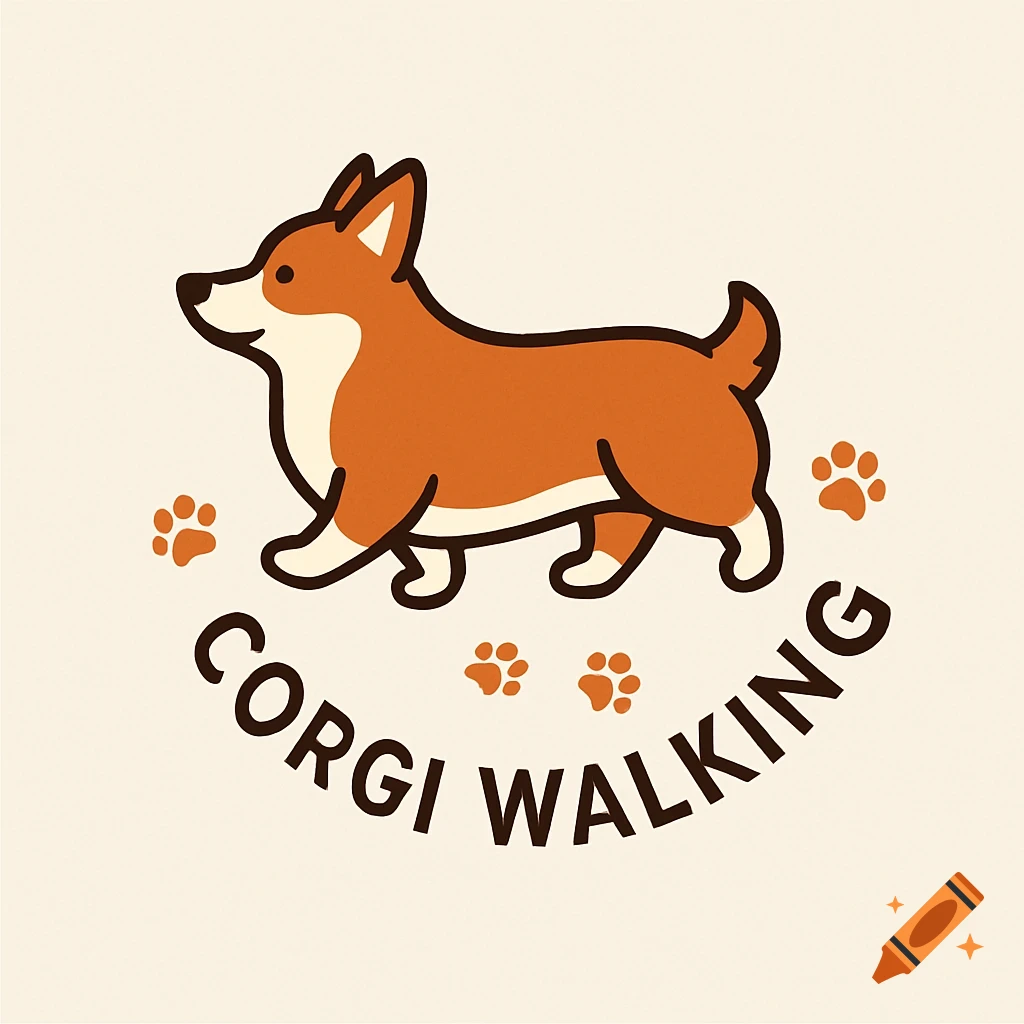 Cartoon logo of a brown and white corgi dog walking, with paw prints and the text "CORGI WALKING" on a light beige background.