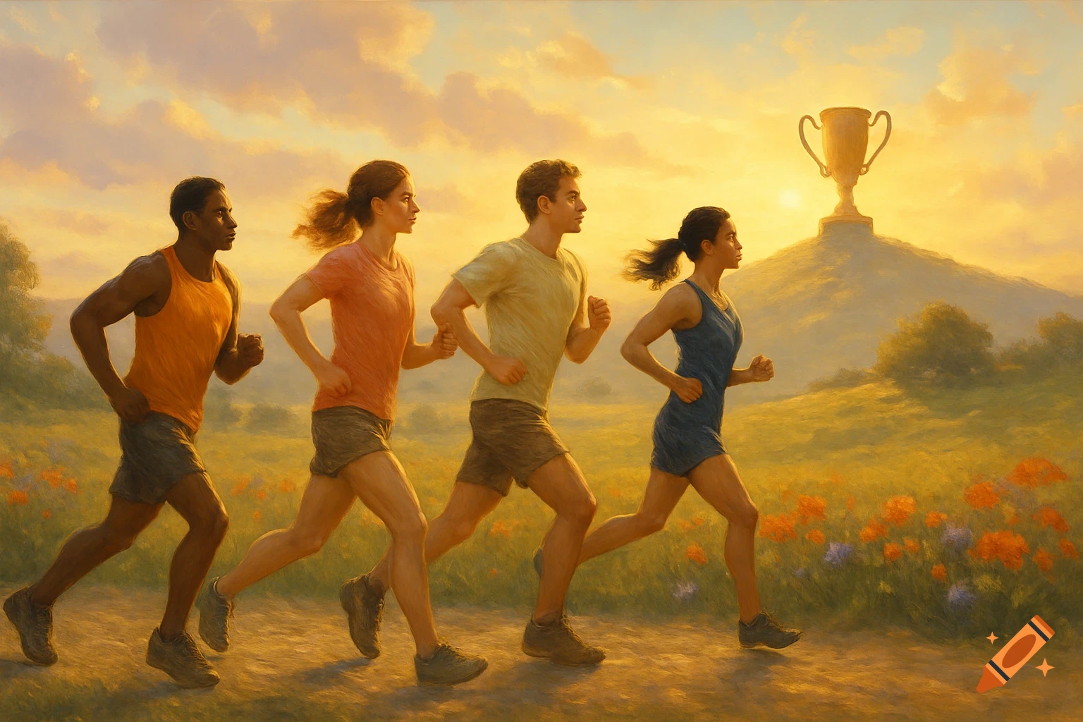 Four athletes run across a sunlit, grassy landscape towards a distant golden trophy on a hill, in an impressionistic painting style.