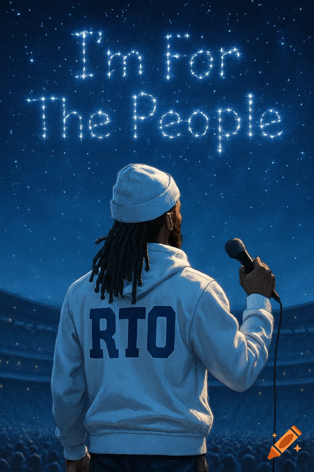 Man with dreadlocks on stage, back to stadium crowd, holding mic. Stars spell 'I'm For The People' in sky. 'RTO' on hoodie.
