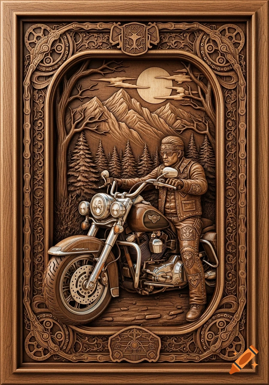 Ornate wood carving of a biker on a motorcycle in a mountainous landscape with a full moon.