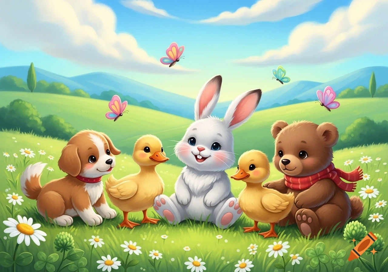 A cute cartoon dog, two ducklings, a rabbit, and a bear sit in a daisy-filled meadow under a blue sky with butterflies.