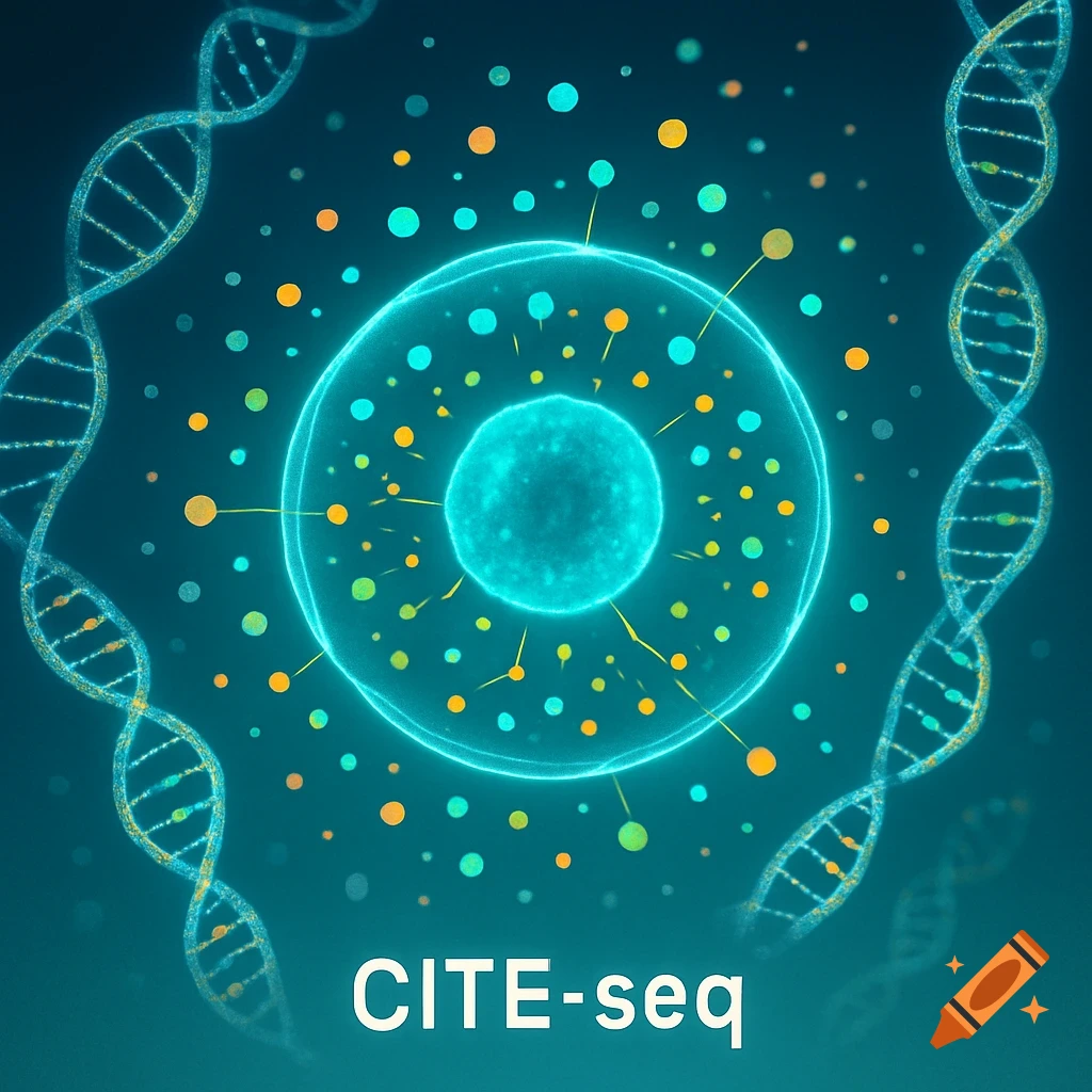 Glowing blue cell-like structure, colorful dots, and intertwining DNA strands on a dark background, with 'CITE-seq' text. Scientific illustration.