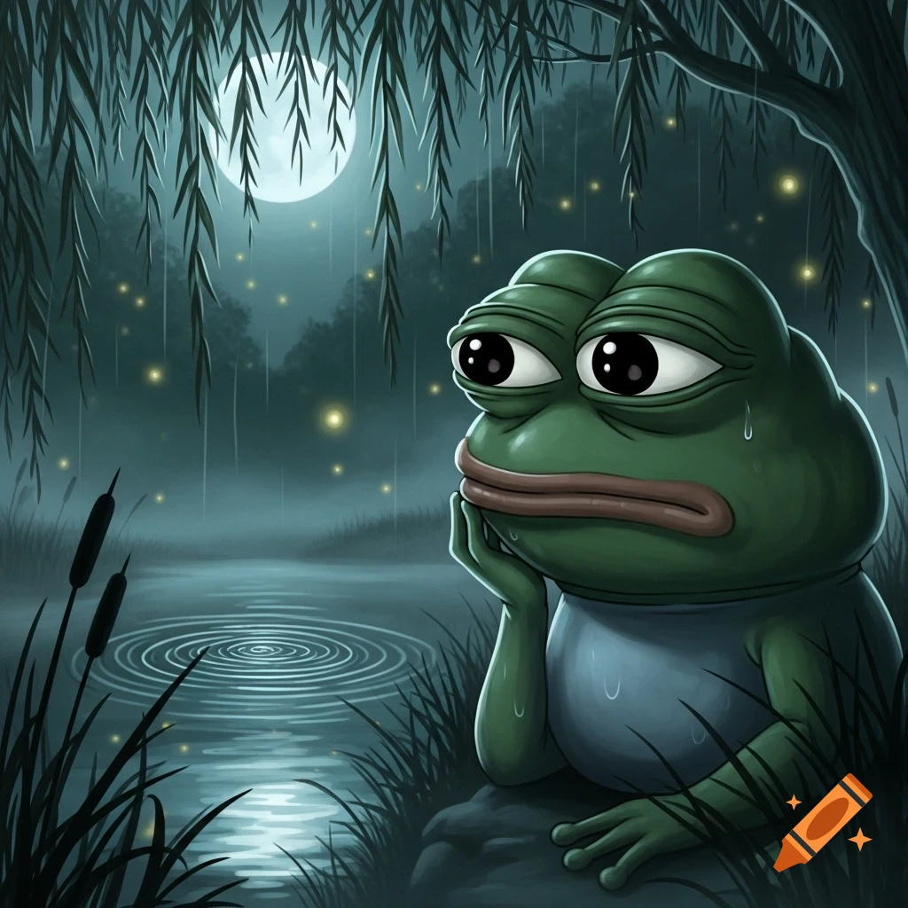 Sad Pepe the Frog sits by a moonlit pond under weeping willow trees with glowing fireflies at night, in a cartoon style.
