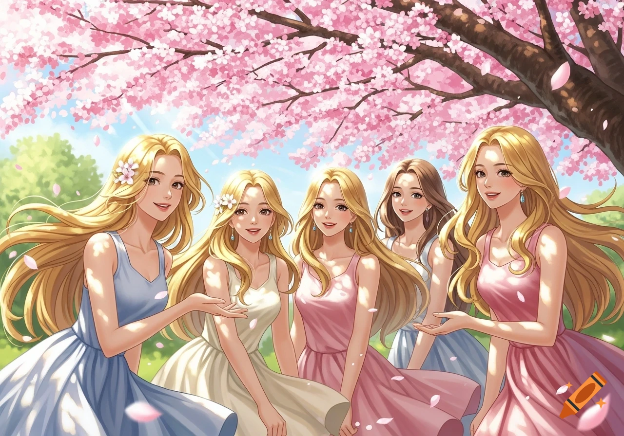 Five smiling anime girls with long blonde hair and colorful dresses stand under a blooming cherry blossom tree.