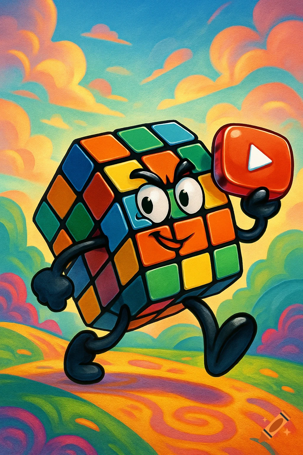 A vibrant cartoon Rubik's cube character with a smiling face, arms, and legs, walking while holding a red YouTube play button icon, against a colorful sky and landscape.