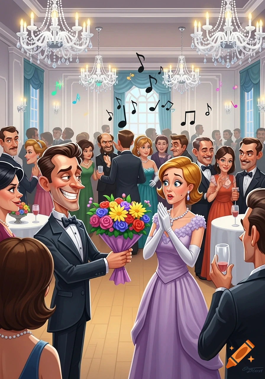 A cartoon man in a tuxedo presents a colorful bouquet to a surprised woman in a lavender gown at a lively formal party with musical notes floating around.