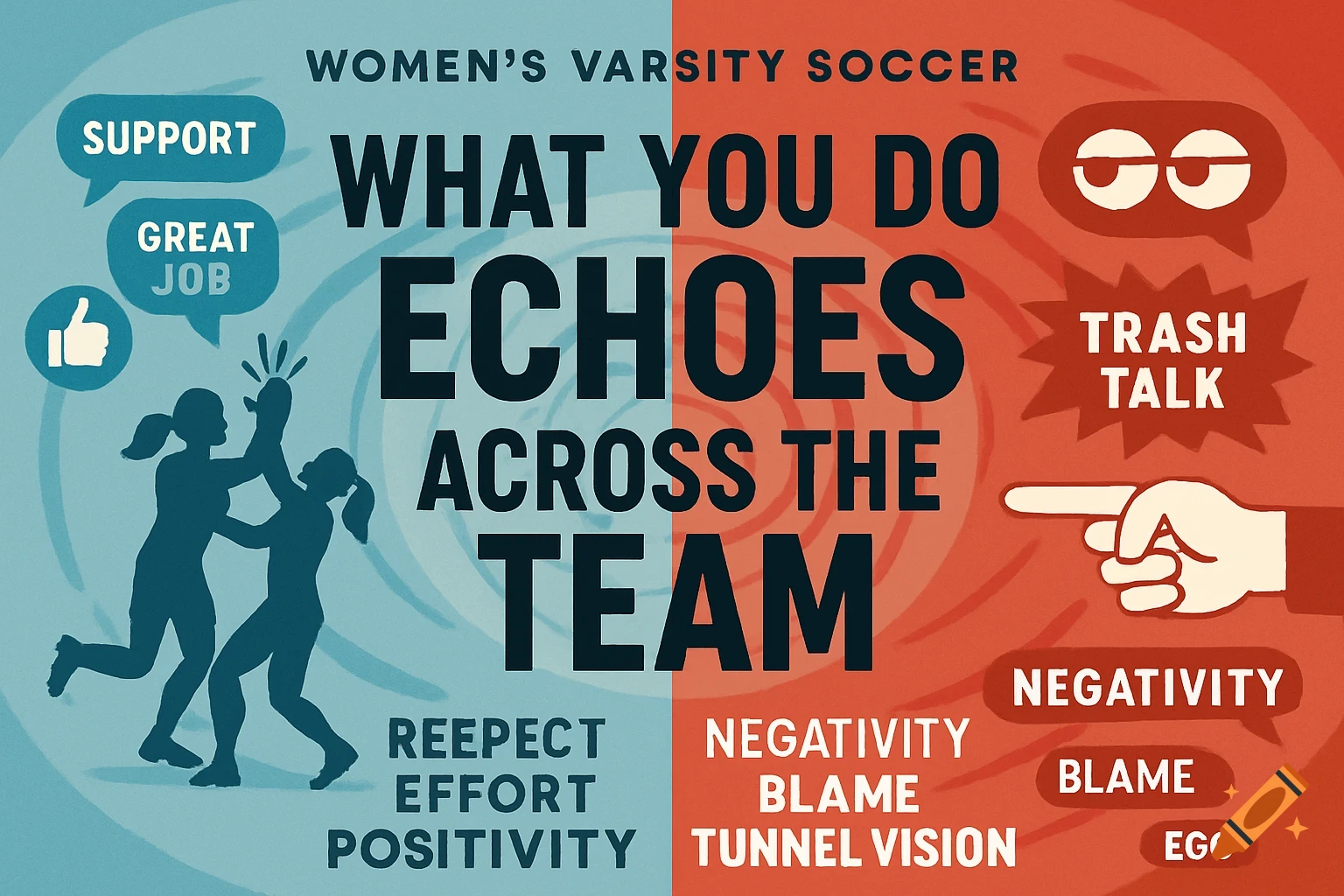 An infographic for women's varsity soccer, contrasting positive team actions like support and high-fives with negative ones like trash talk and blaming.