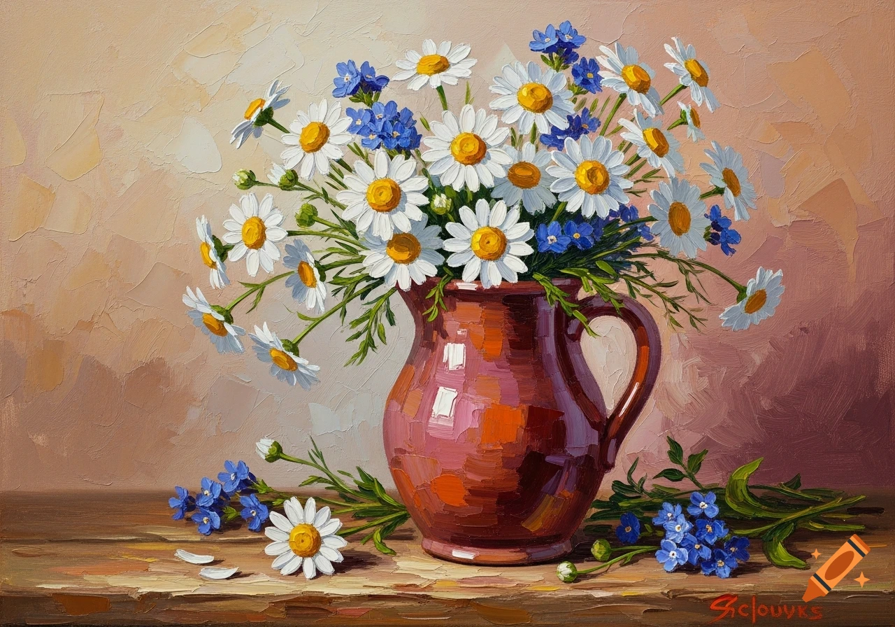 An oil painting depicting a bouquet of white daisies and blue flowers in a rustic red ceramic jug on a wooden table.