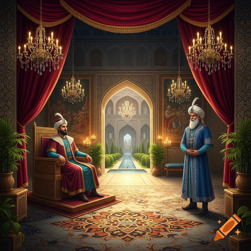 Two regal men in an ornate Persian palace with chandeliers, an arched doorway, and a water feature.