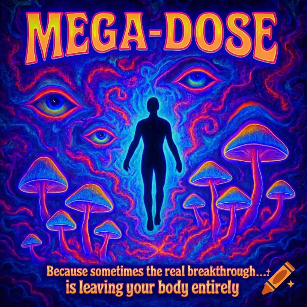 Psychedelic art with a floating human silhouette, multiple eyes, and glowing mushrooms against a background of swirling blue and orange fractals. Text reads 'MEGA-DOSE' and 'Because sometimes the real breakthrough.... is leaving your body entirely'.