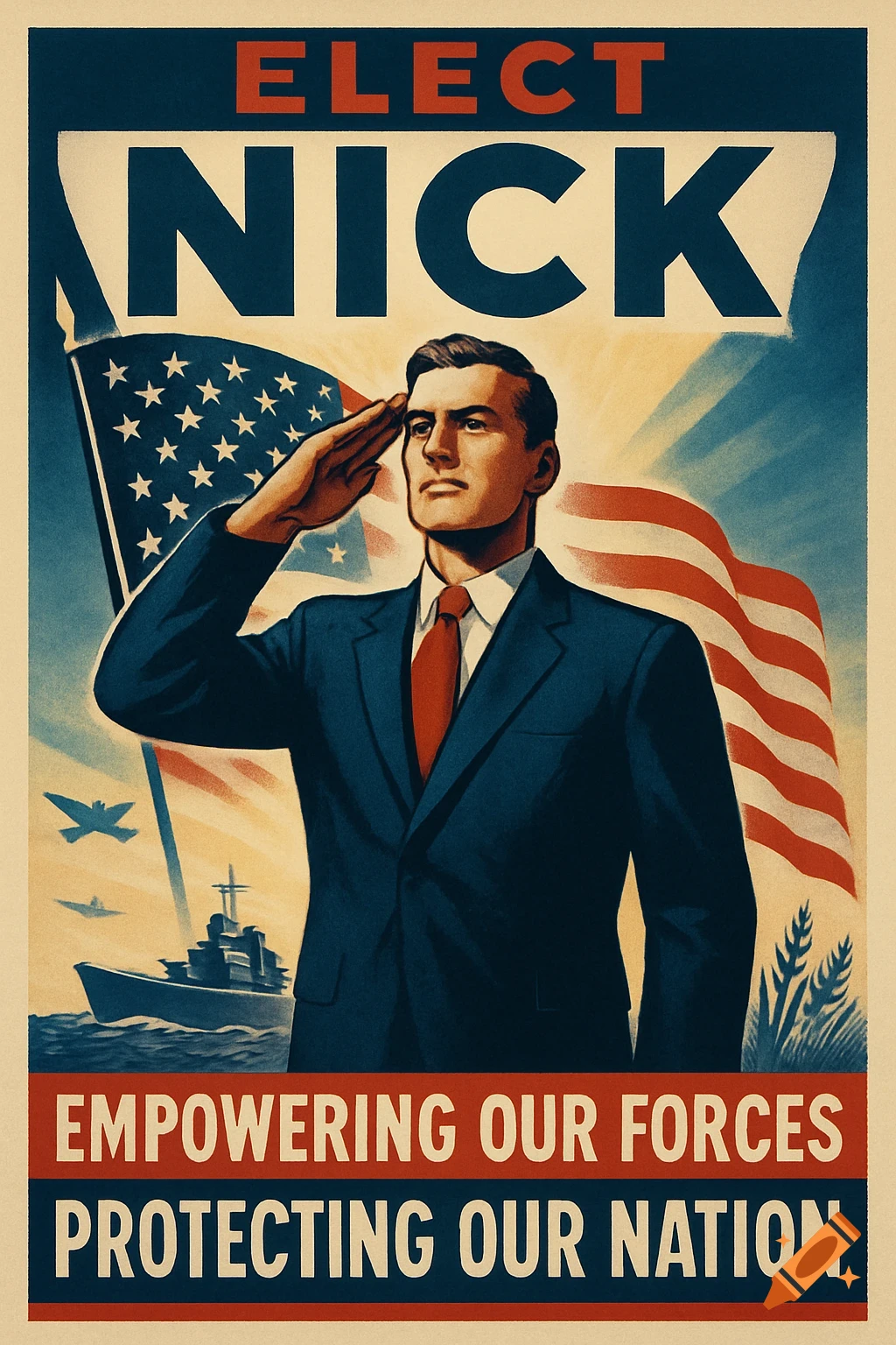 Vintage political poster with a man saluting, American flag, military vehicles, and text 'Elect Nick: Empowering Our Forces, Protecting Our Nation'.
