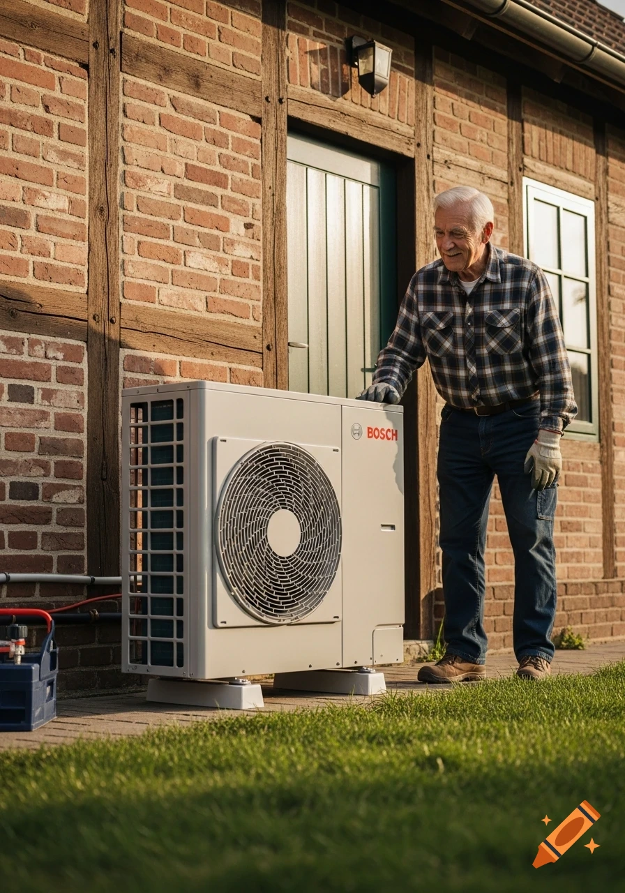 An older man in a plaid shirt and work gloves stands next to a white Bosch heat pump installed outside a brick house.