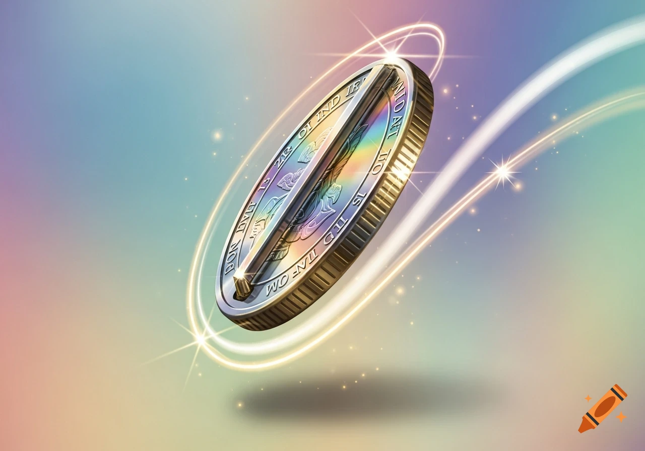 A shiny, reflective coin with a holographic sheen, encircled by golden light trails and sparkles, against a pastel rainbow gradient background.
