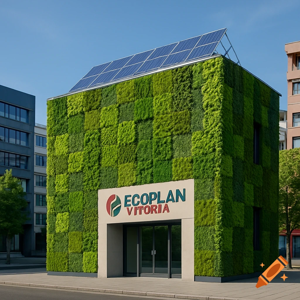 A modern green building with a living wall and solar panels on the roof, featuring an 'ECOPLAN VITORIA' sign.