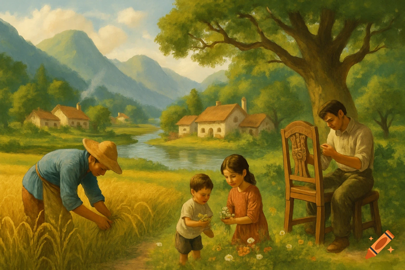 A pastoral painting depicting a family: a farmer in a field, a mother and child picking flowers, and a man working on a chair by a river.