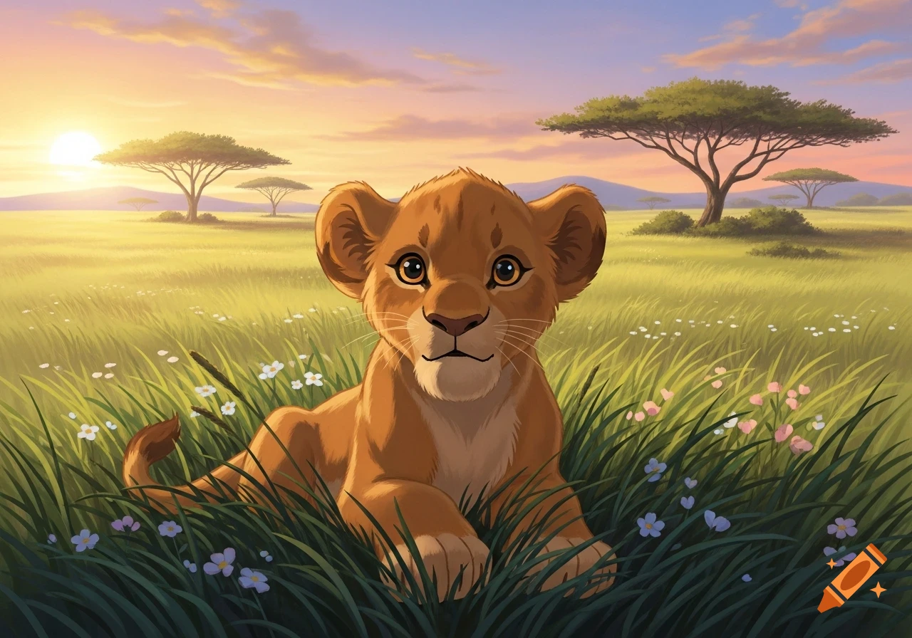 A cute Ghibli-style illustration of a lion cub lying in a field of green grass and wildflowers at sunset.