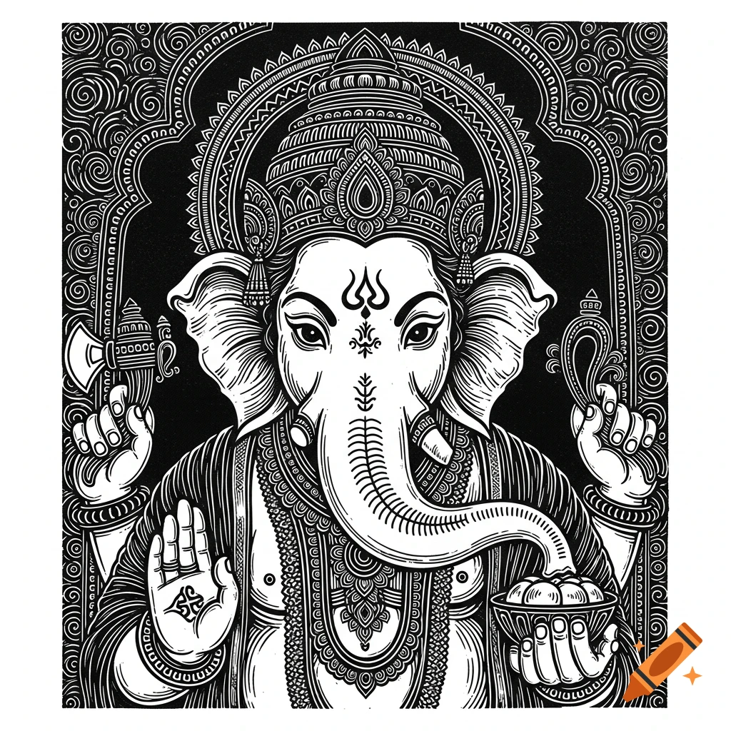 Monochrome linocut print of Ganesha with an elephant head, four arms holding an axe, a noose, and modaks, against a decorative background.