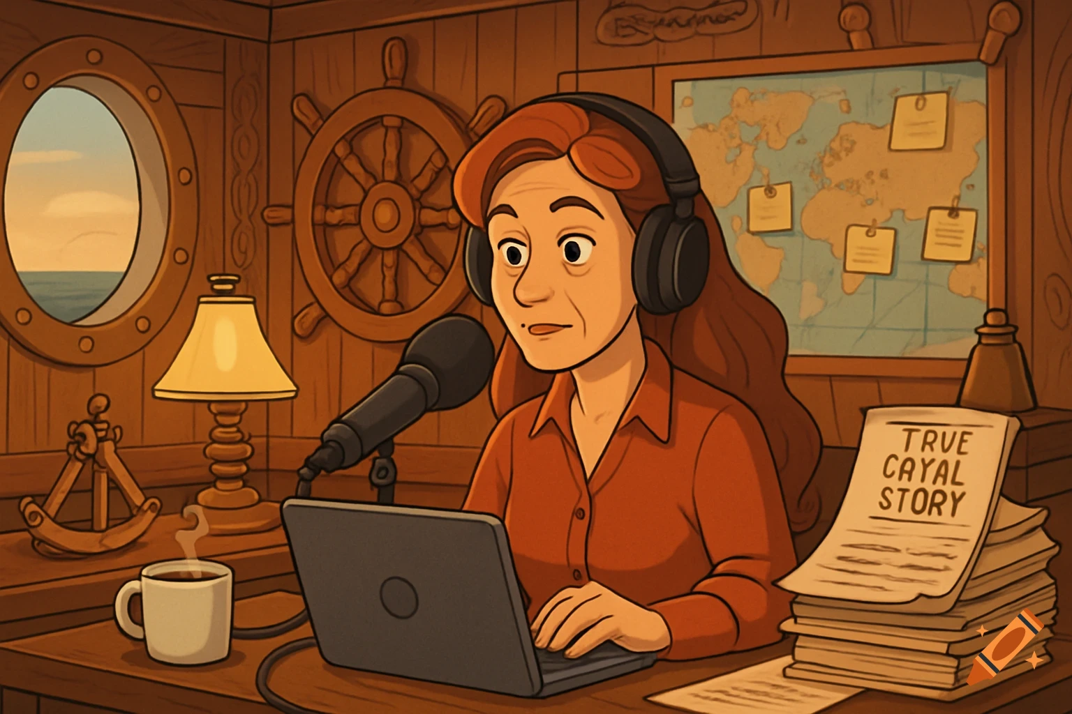 A cartoon-style woman with red hair and headphones sits at a desk in a captain's cabin, speaking into a microphone with a laptop and papers.