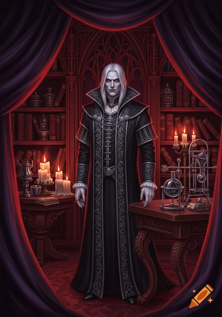 A pale male vampire with white hair and red eyes in an ornate black coat stands in a dimly lit gothic study.