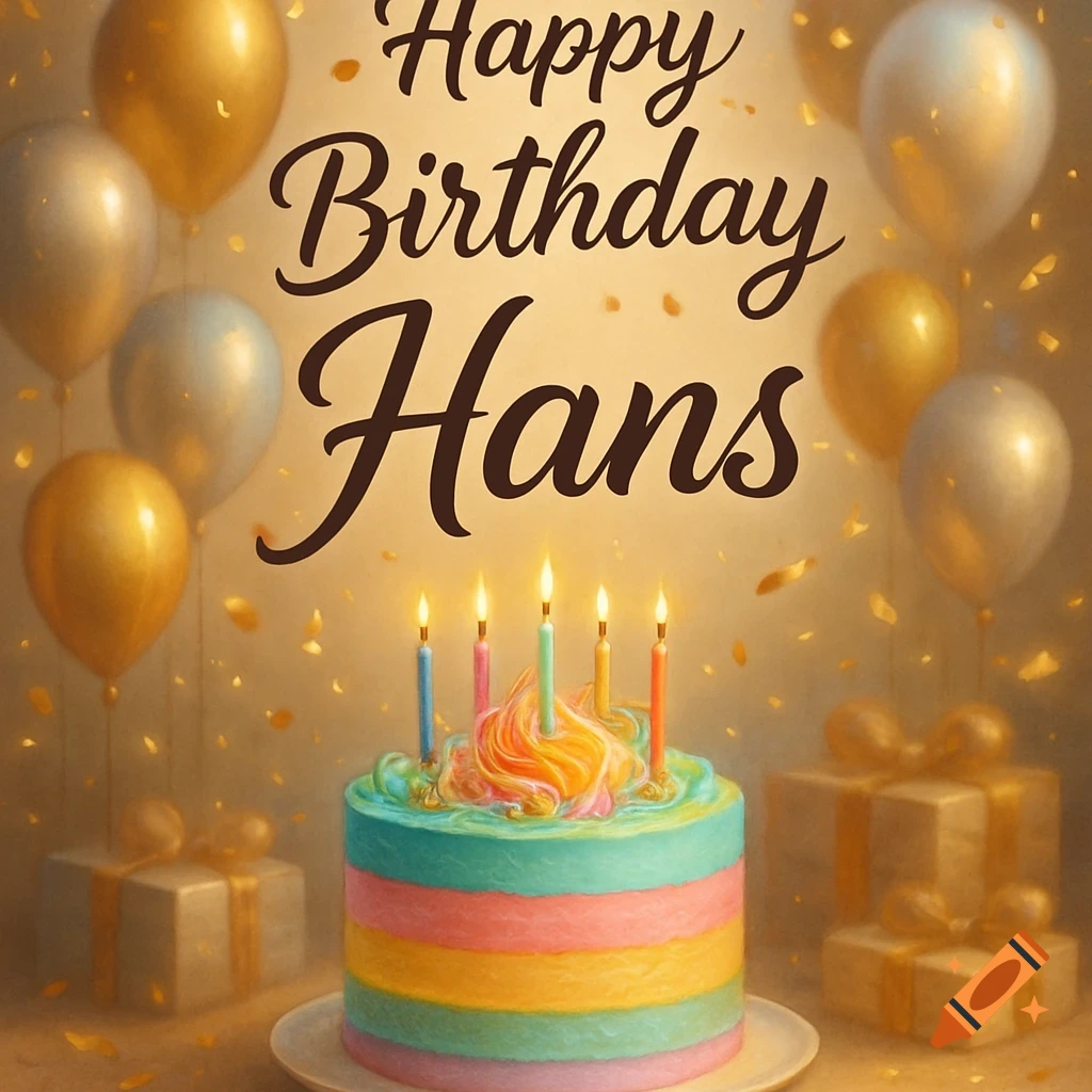 Birthday cake with lit candles, colorful frosting, golden and silver balloons, wrapped gifts, and "Happy Birthday Hans" text on a warm background with confetti.