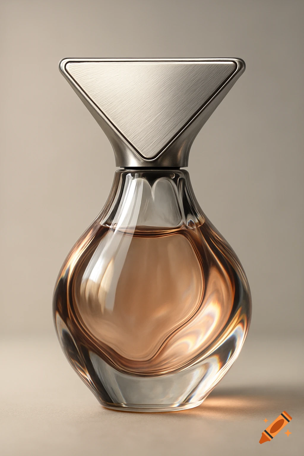A photorealistic close-up of a perfume bottle with an organic glass base containing amber liquid and a brushed silver triangular cap.