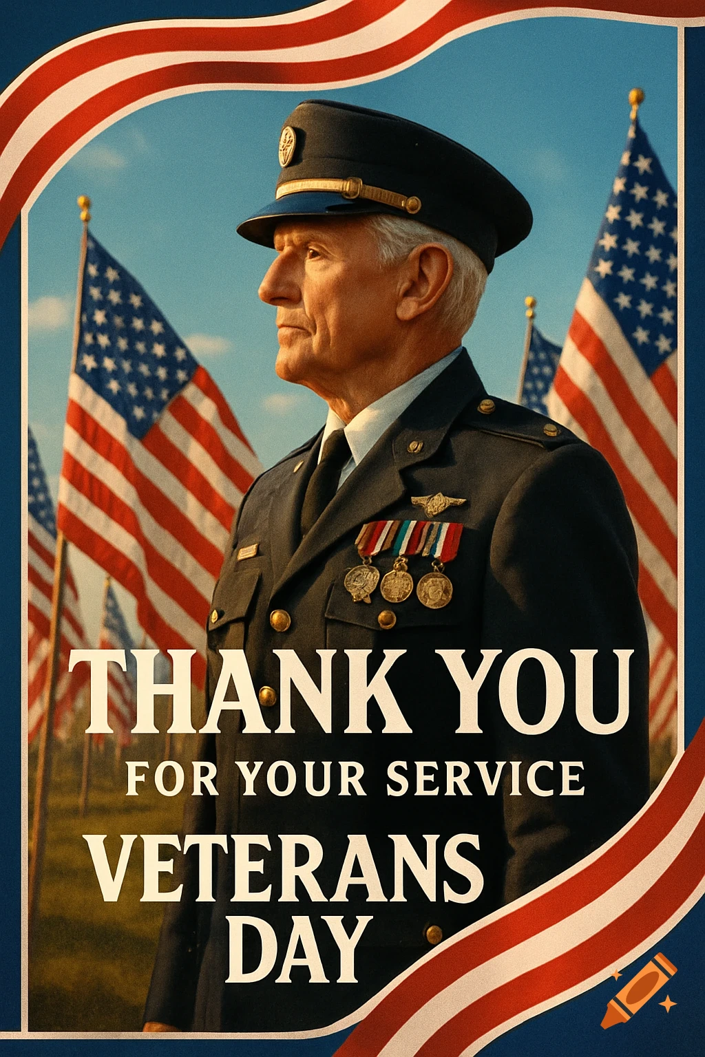 An elderly veteran in uniform with medals stands proudly before American flags. Text reads 'THANK YOU FOR YOUR SERVICE VETERANS DAY'.