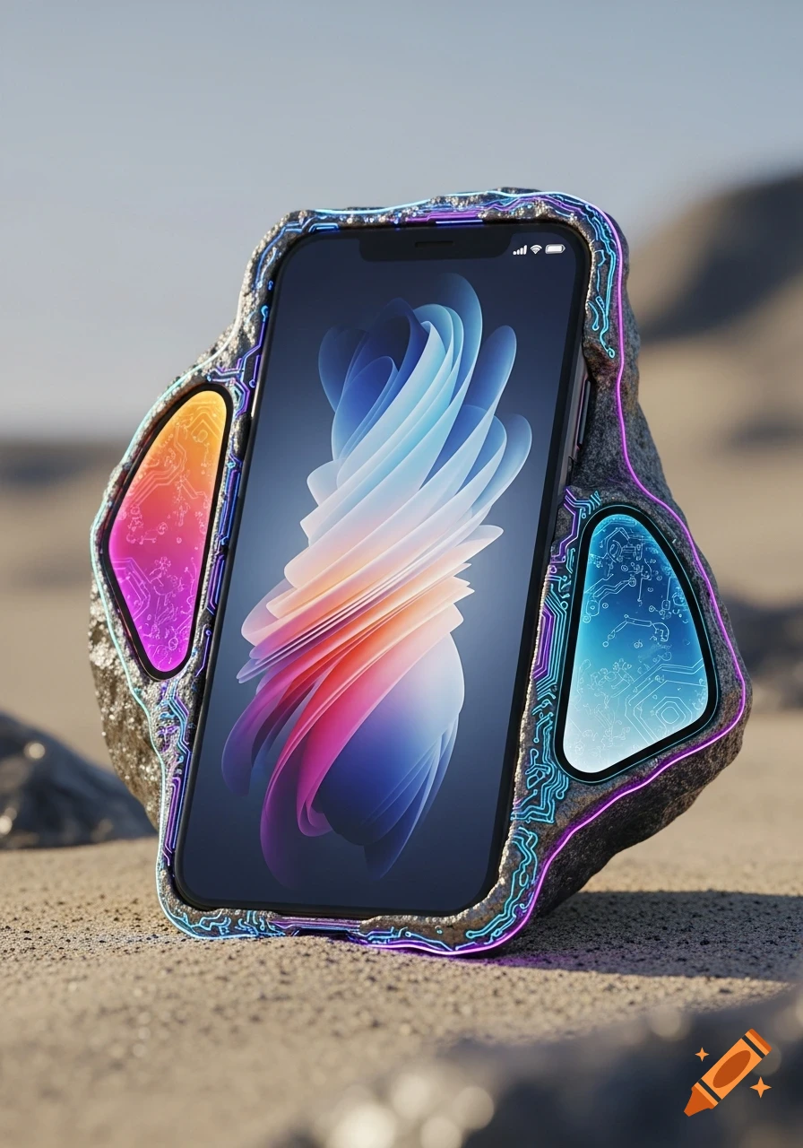 A futuristic smartphone made from rock, with glowing neon circuits and a vibrant abstract screen, sitting on sand.