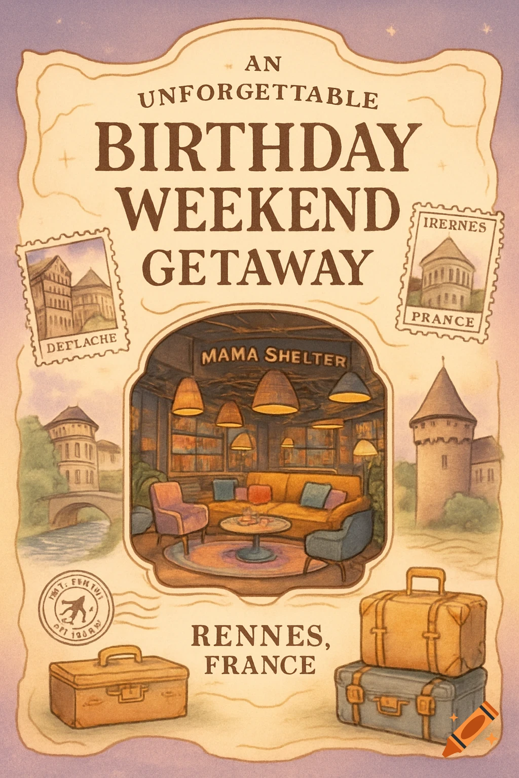 An illustrated vintage-style invitation for a 'Birthday Weekend Getaway' to Rennes, France, featuring a cozy hotel lobby and various landmark illustrations and postage stamps.