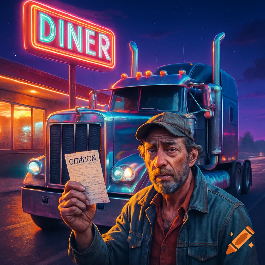 A weary trucker holds a citation in front of his semi-truck and a neon "DINER" sign at dusk.