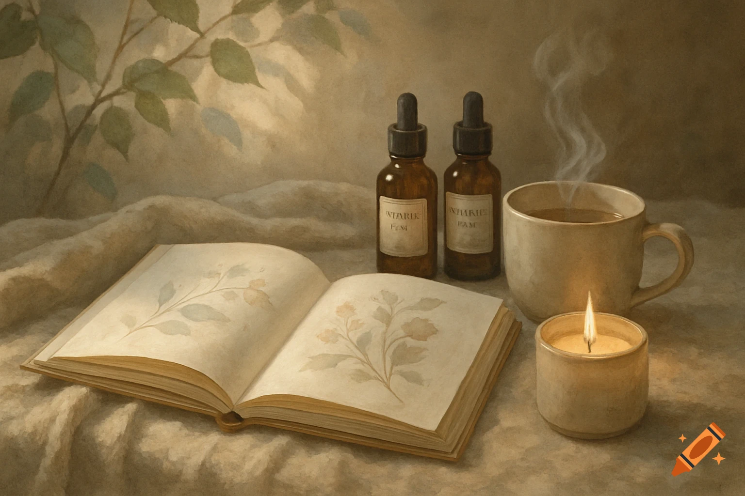 A still life painting featuring an open book with botanical illustrations, two bottles of essential oil, a steaming mug, and a lit candle, all on a soft, draped fabric in a warm, muted palette.