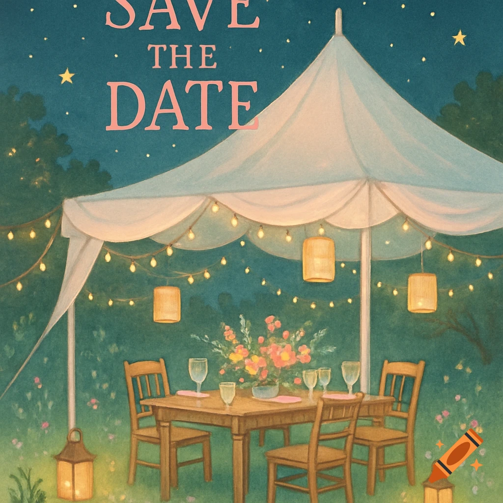 Whimsical illustration of a backyard party tent with string lights, a dining table, and 'SAVE THE DATE' text.