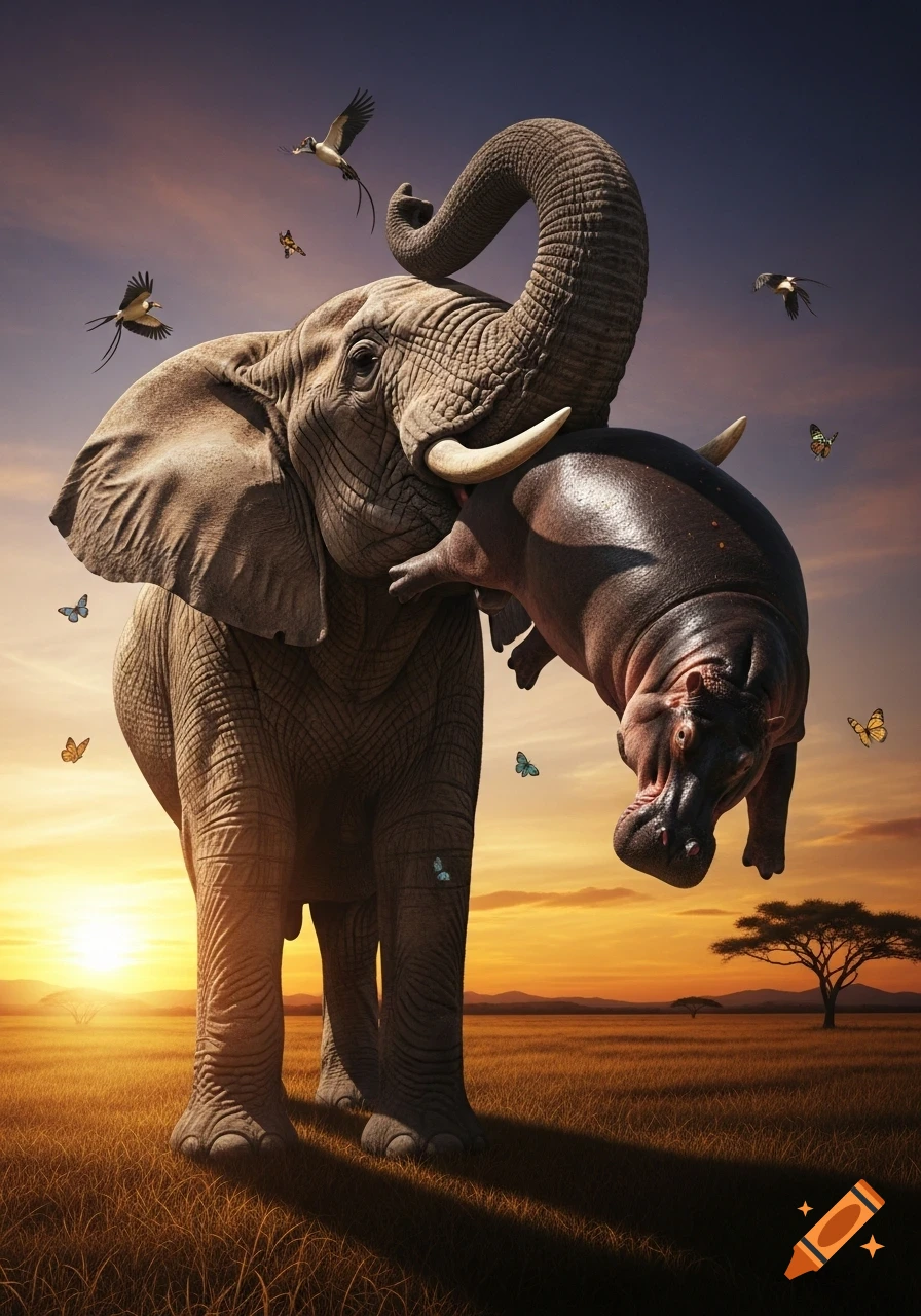 A giant elephant holds a large hippo upside down with its trunk in a golden savanna at sunset, surrounded by flying birds and butterflies.
