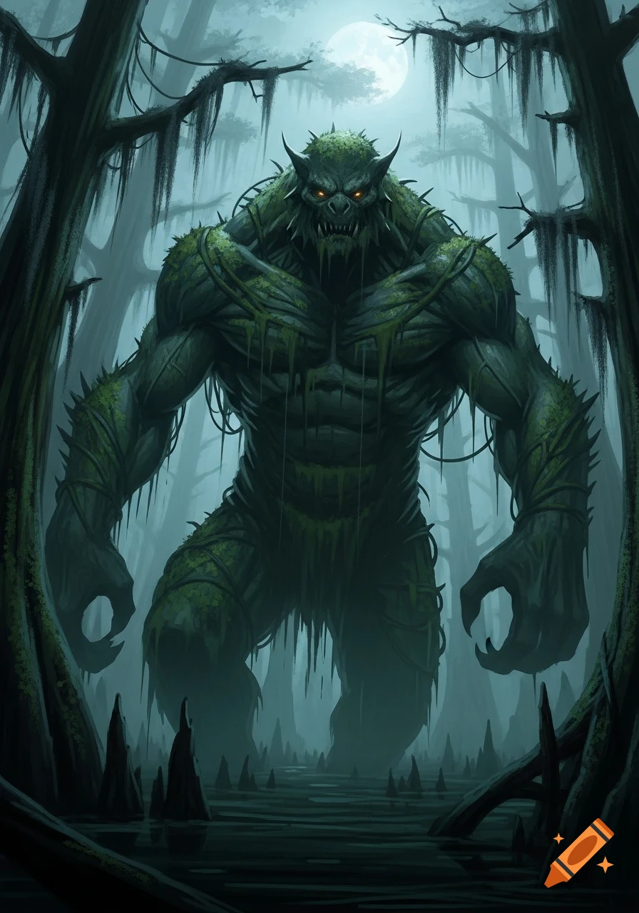 A massive, moss-covered swamp monster with glowing red eyes stands in a dark, misty swamp under a full moon.