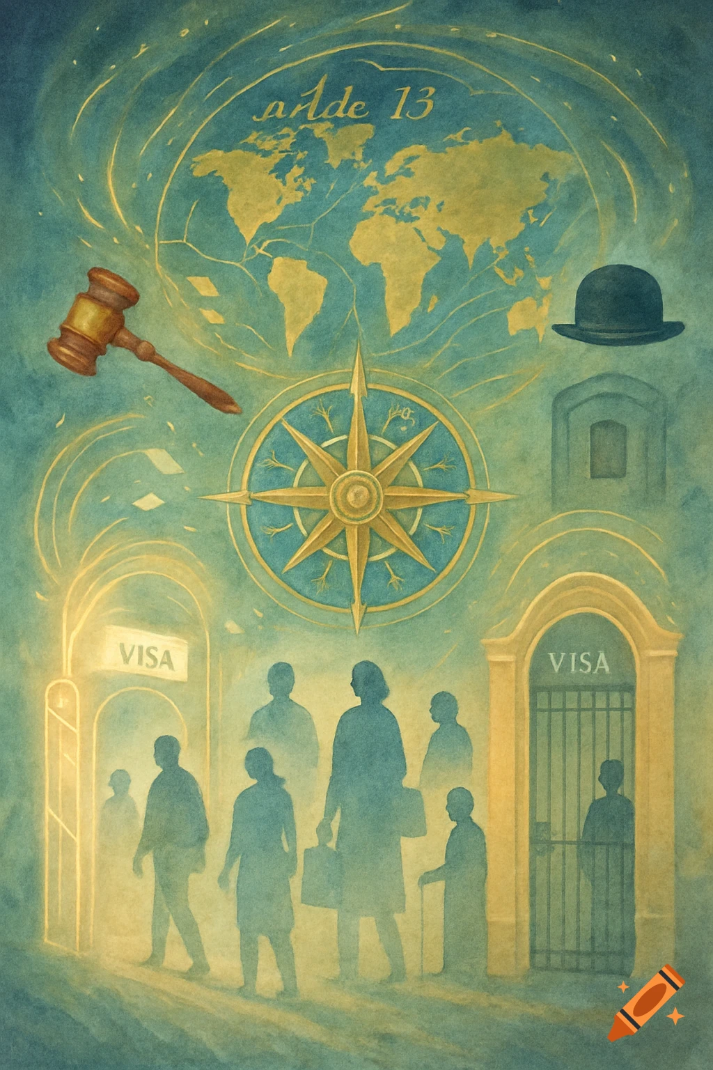 A watercolor illustration with a world map, compass, gavel, bowler hat, and silhouettes of people moving through gates labeled 'VISA'. Above the map is text that reads 'aAde 13'.