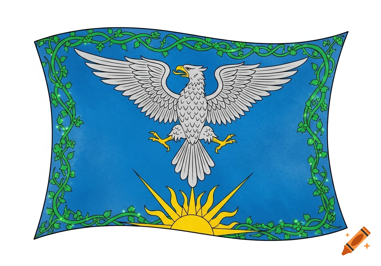 A stylized gray eagle with outstretched wings and yellow talons, above a yellow sun, on a blue flag with a green vine border.