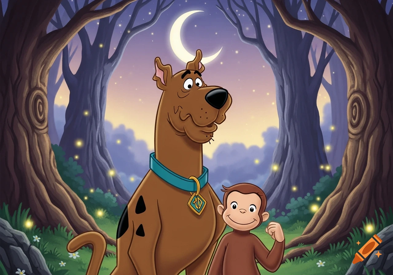 Cartoon Scooby Doo and Curious George stand side-by-side in a magical twilight forest under a crescent moon with glowing fireflies.