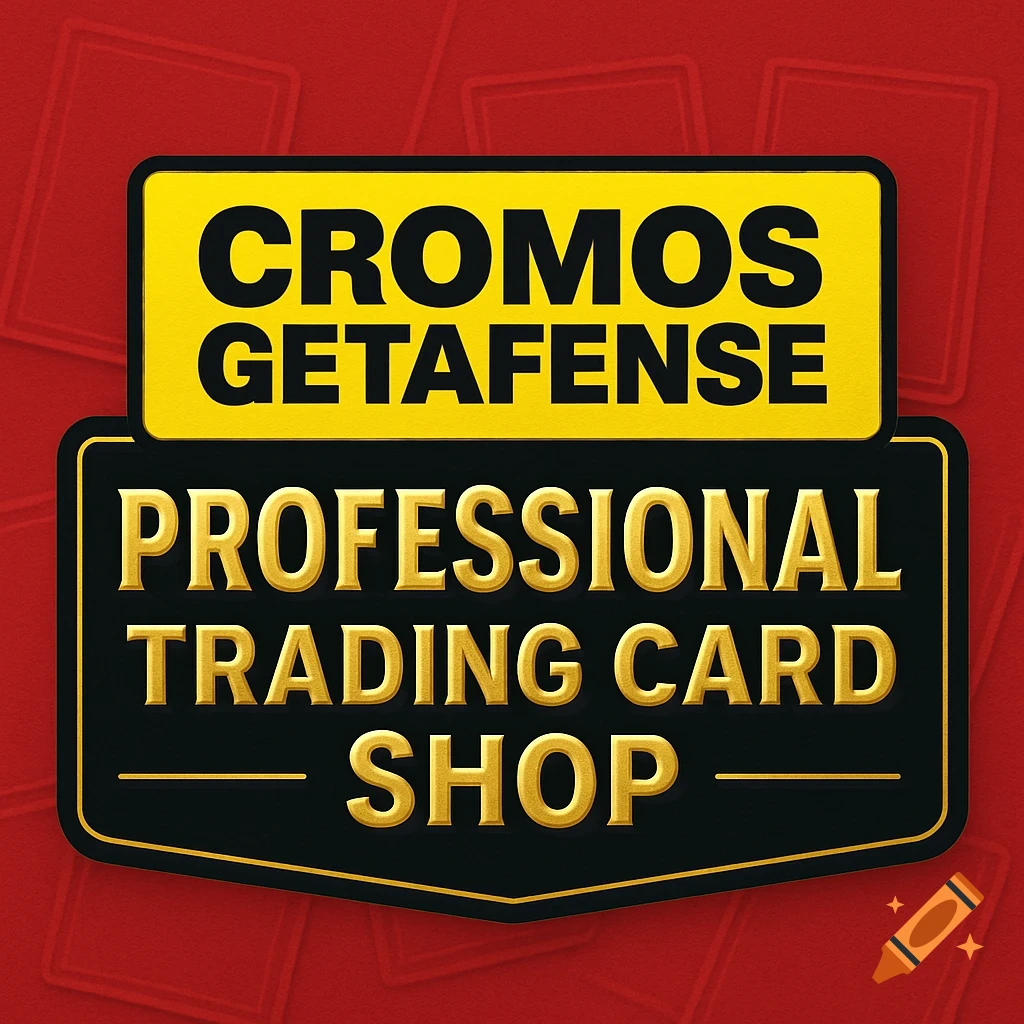 Logo for CROMOS GETAFENSE Professional Trading Card Shop with yellow and gold text on black and red banners.